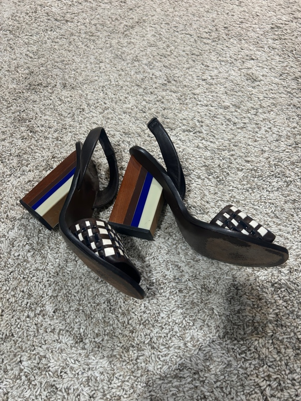 Tory Burch Black and White Woven Color Block Heel Slingback Sandals - Picture 2 of 4
